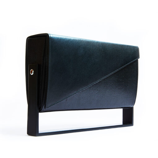 SOL Black lizard-print leather and smooth black leather w/ black lacquered rotating wooden base